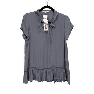 Ro & De Anthropologie Top Womens M Blue Tie Neck Blouse Ruffle Cap Sleeve NWT
